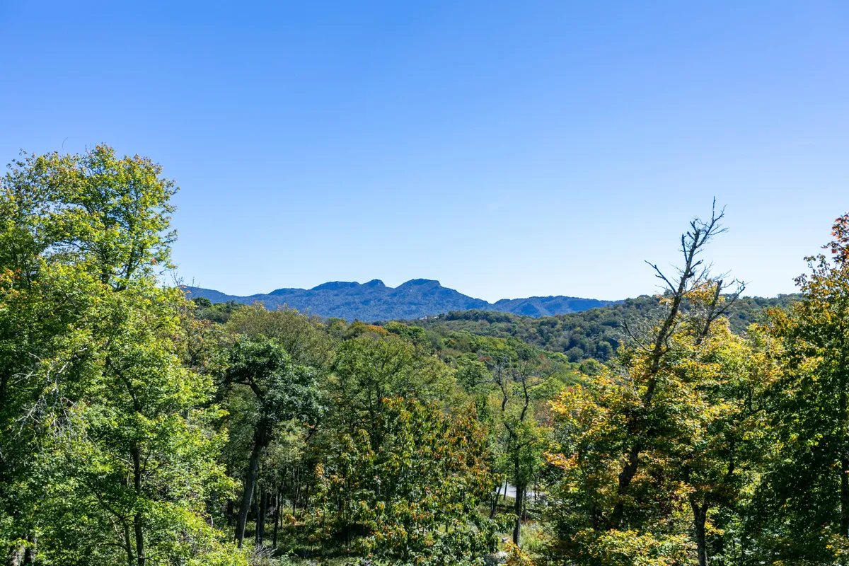 A sweeping view of a mountain range under a clear blue sky, with verdant forests and lush greenery in the foreground, inviting the viewer to imagine hiking, biking, and exploring the natural surroundings. The perspective suggests direct access to the great outdoors and panoramic vistas from the property itself.